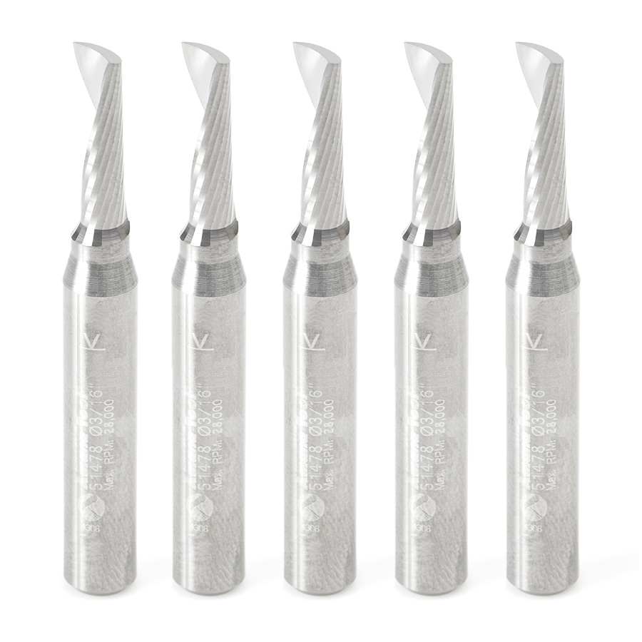 Amana 51478-5 5-Pack Solid Carbide CNC Spiral 'O' Single Flute, Aluminum Cutting 3/16 Dia x 5/8 x 1/4 Shank x 2 Inch Long Up-Cut Router Bits