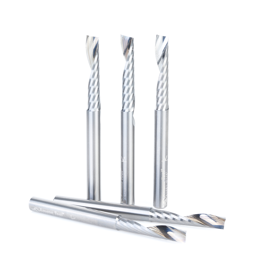 Amana 51481-5 5-Pack Solid Carbide CNC Spiral 'O' Single Flute, Aluminum Cutting 1/4 Dia x 1-1/4 x 1/4 Shank x 3 Inch Long Up-Cut Router Bit