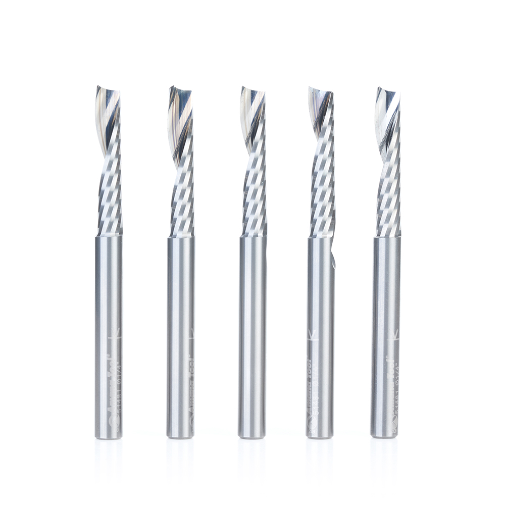 Amana 51481-5 5-Pack Solid Carbide CNC Spiral 'O' Single Flute, Aluminum Cutting 1/4 Dia x 1-1/4 x 1/4 Shank x 3 Inch Long Up-Cut Router Bit