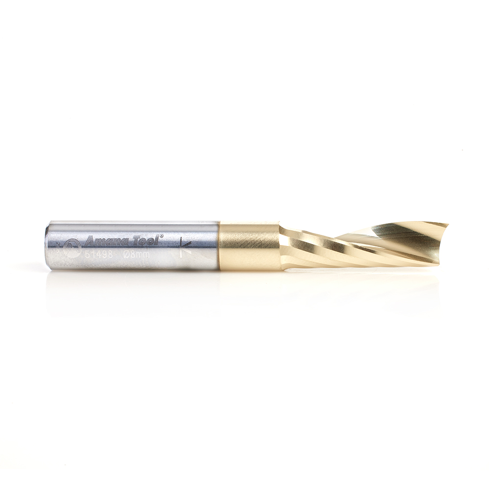 Amana 51498-Z Solid Carbide CNC Spiral 'O' Flute, Aluminum Cutting 8mm Dia x 25mm x 8mm Shank Up-Cut ZrN Coated Router Bit