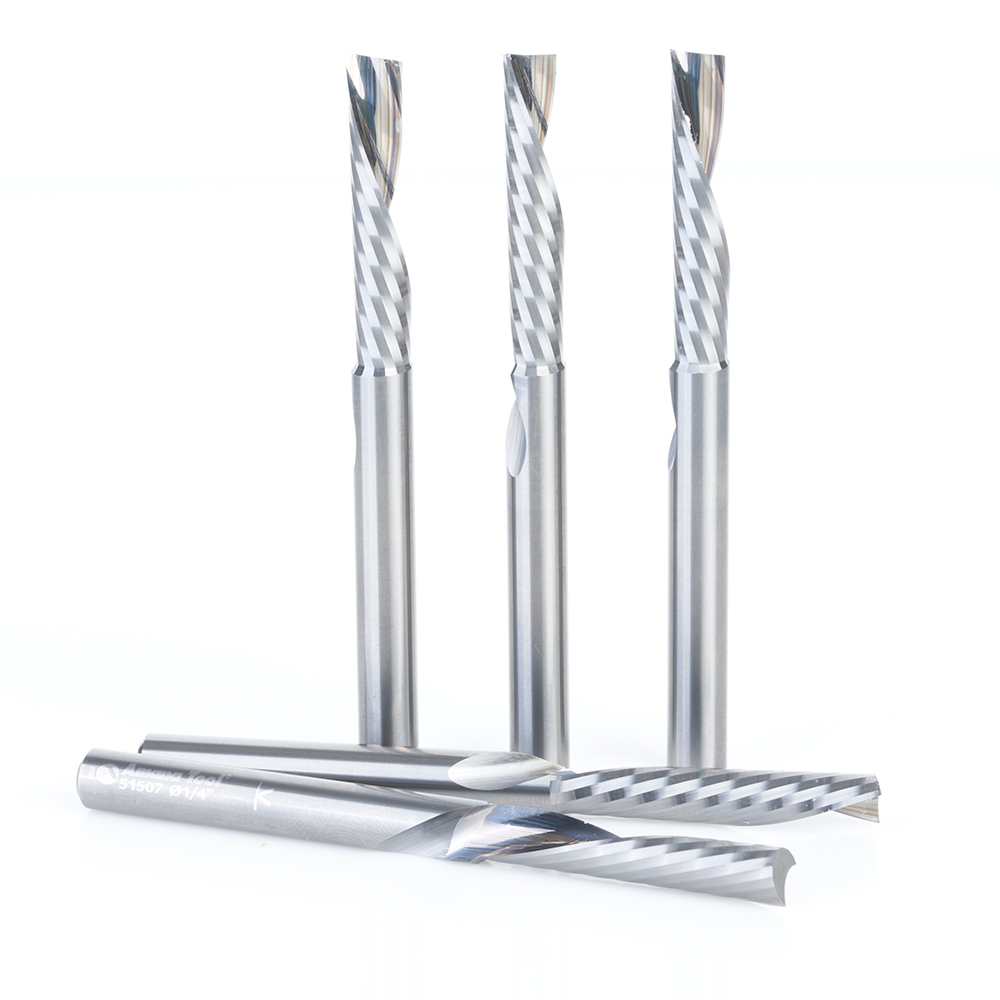 Amana 51507-5 5-Pack Solid Carbide CNC Spiral 'O' Single Flute, Plastic Cutting 1/4 Dia x 1-1/4 Inch x 1/4 Shank x 3 Inch Long Down-Cut Router Bit