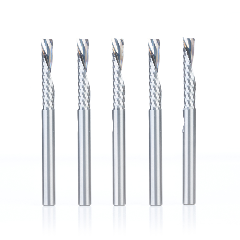 Amana 51507-5 5-Pack Solid Carbide CNC Spiral 'O' Single Flute, Plastic Cutting 1/4 Dia x 1-1/4 Inch x 1/4 Shank x 3 Inch Long Down-Cut Router Bit