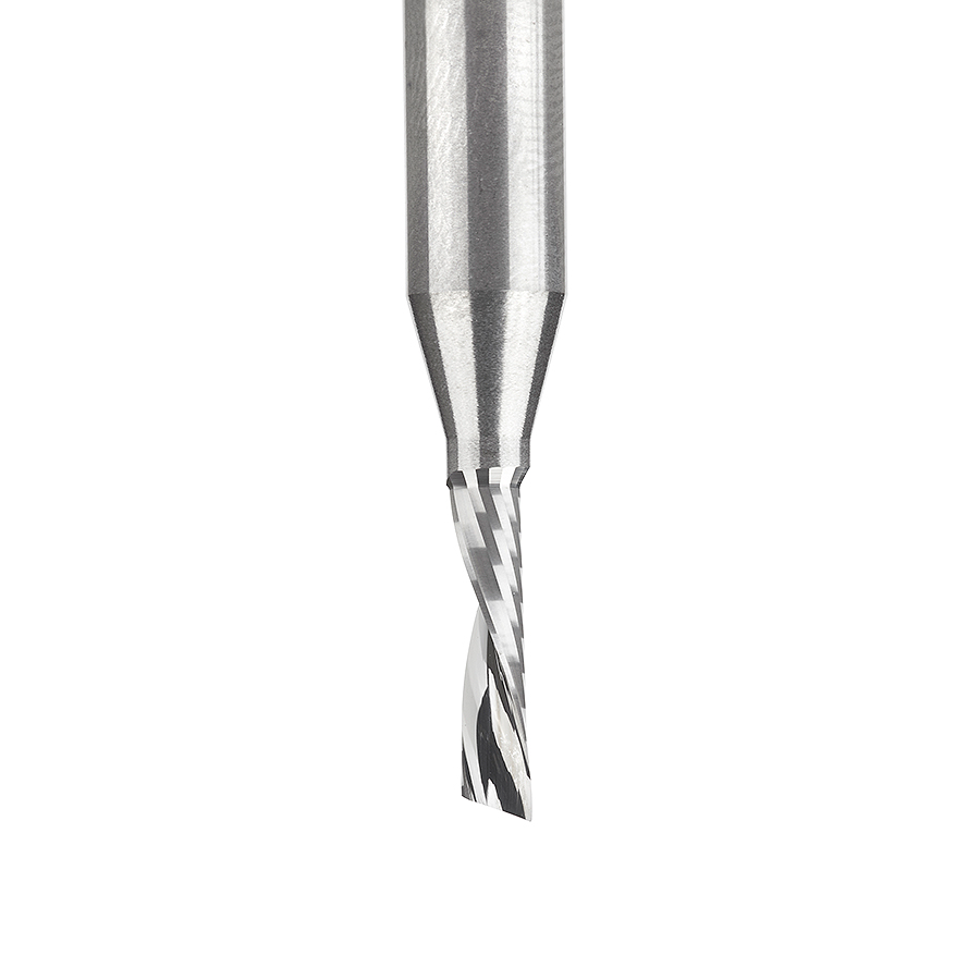 Amana 51511 Solid Carbide CNC Spiral 'O' Single Flute, Plastic Cutting 1/8 Dia x 1/2 x 1/4 Shank x 2 Inch Long Down-Cut Router Bit