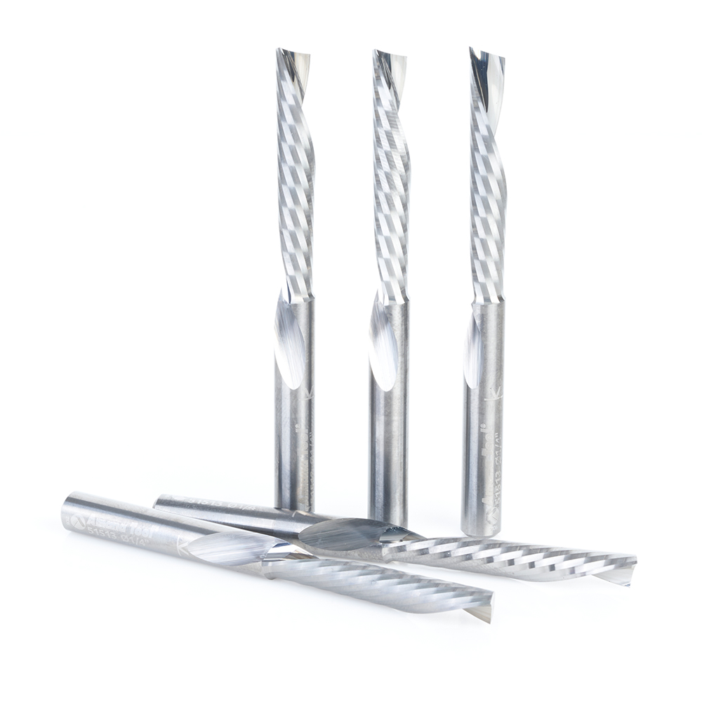 Amana 51513-5 5-Pack Solid Carbide CNC Spiral 'O' Single Flute, Plastic Cutting 1/4 Dia x 1-1/2 Inch x 1/4 Shank x 3 Inch Long Down-Cut Router Bit