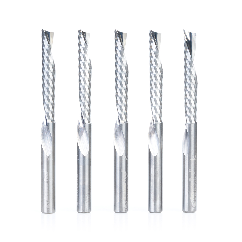 Amana 51513-5 5-Pack Solid Carbide CNC Spiral 'O' Single Flute, Plastic Cutting 1/4 Dia x 1-1/2 Inch x 1/4 Shank x 3 Inch Long Down-Cut Router Bit