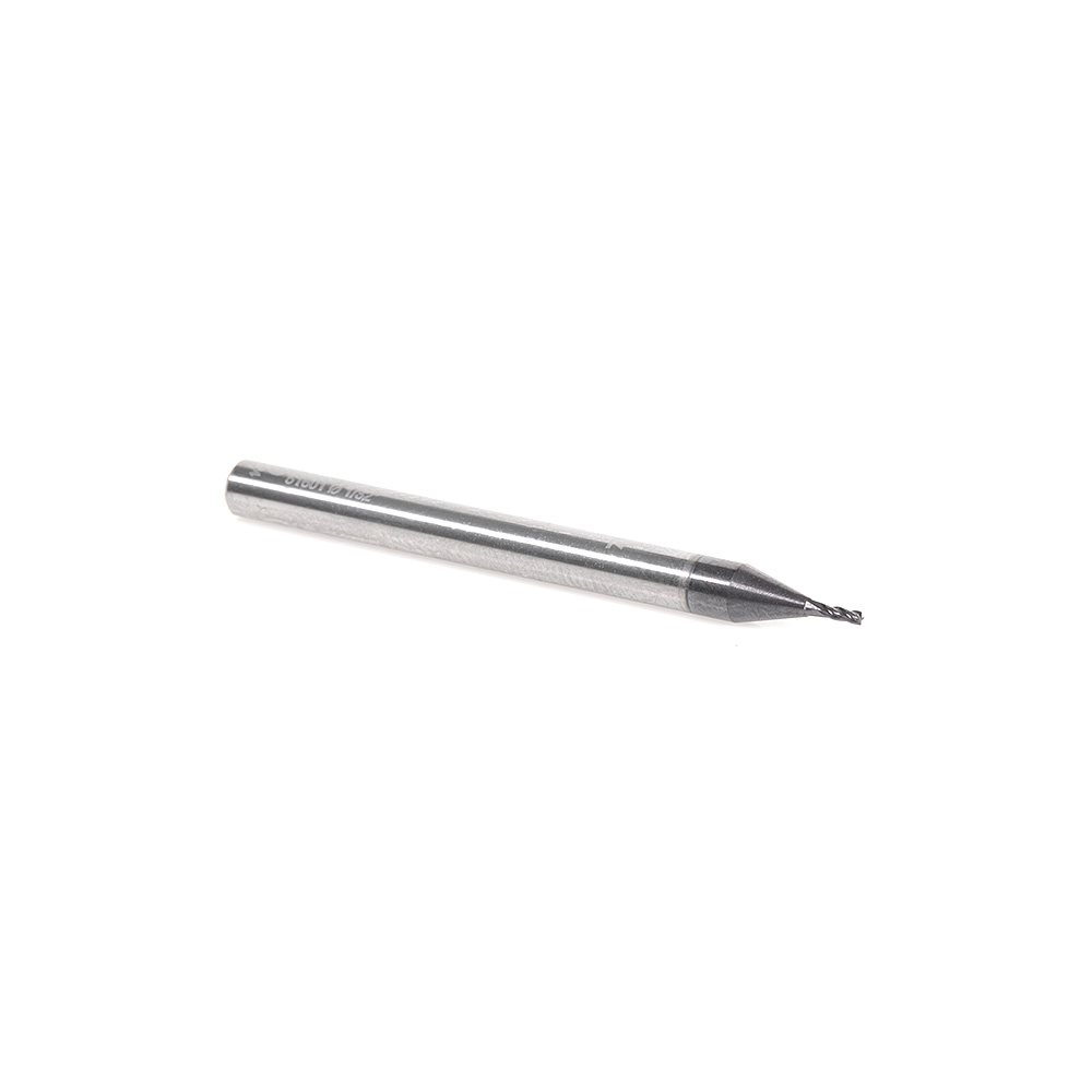 Amana 51601 CNC Solid Carbide Spiral for Steel & Stainless Steel with AlTiN Coating 4-Flute x 1/32 Dia x 5/64 x 1/8 Shank x 1-1/2 Inch Long Up-Cut Router Bit / 45º Corner Chamfer End Mill