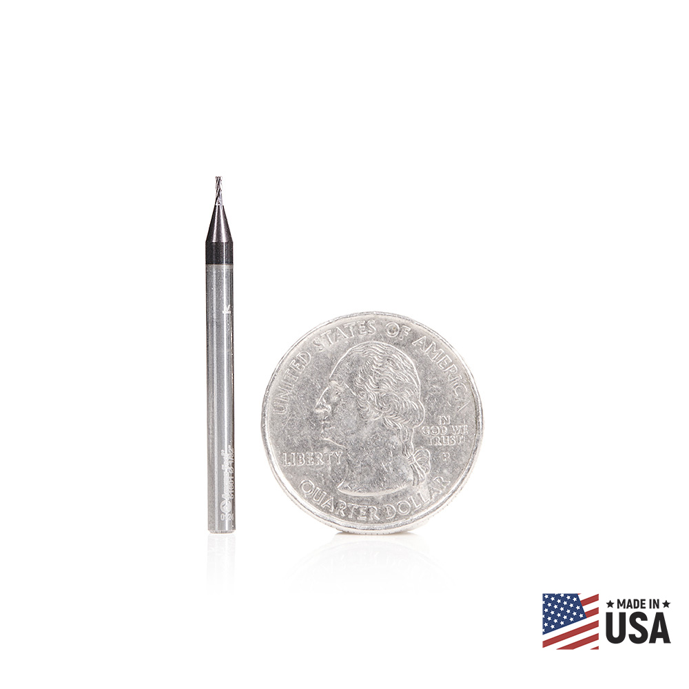 Amana 51601 CNC Solid Carbide Spiral for Steel & Stainless Steel with AlTiN Coating 4-Flute x 1/32 Dia x 5/64 x 1/8 Shank x 1-1/2 Inch Long Up-Cut Router Bit / 45º Corner Chamfer End Mill
