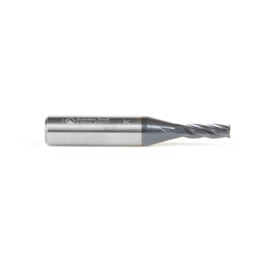 Amana 51602 CNC Solid Carbide Spiral for Steel & Stainless Steel with AlTiN Coating 4-Flute x 1/8 Dia x 3/8 x 1/4 Shank x 1-1/2 Inch Long Up-Cut Router Bit / 45º Corner Chamfer End Mill