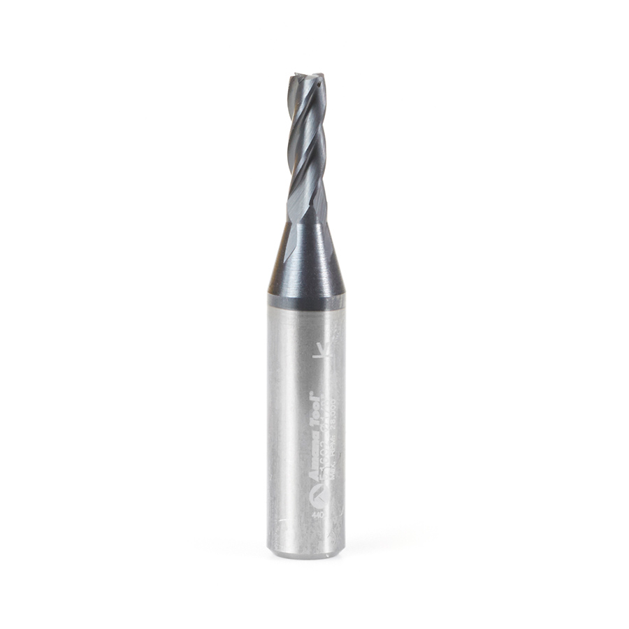 Amana 51602 CNC Solid Carbide Spiral for Steel & Stainless Steel with AlTiN Coating 4-Flute x 1/8 Dia x 3/8 x 1/4 Shank x 1-1/2 Inch Long Up-Cut Router Bit / 45º Corner Chamfer End Mill