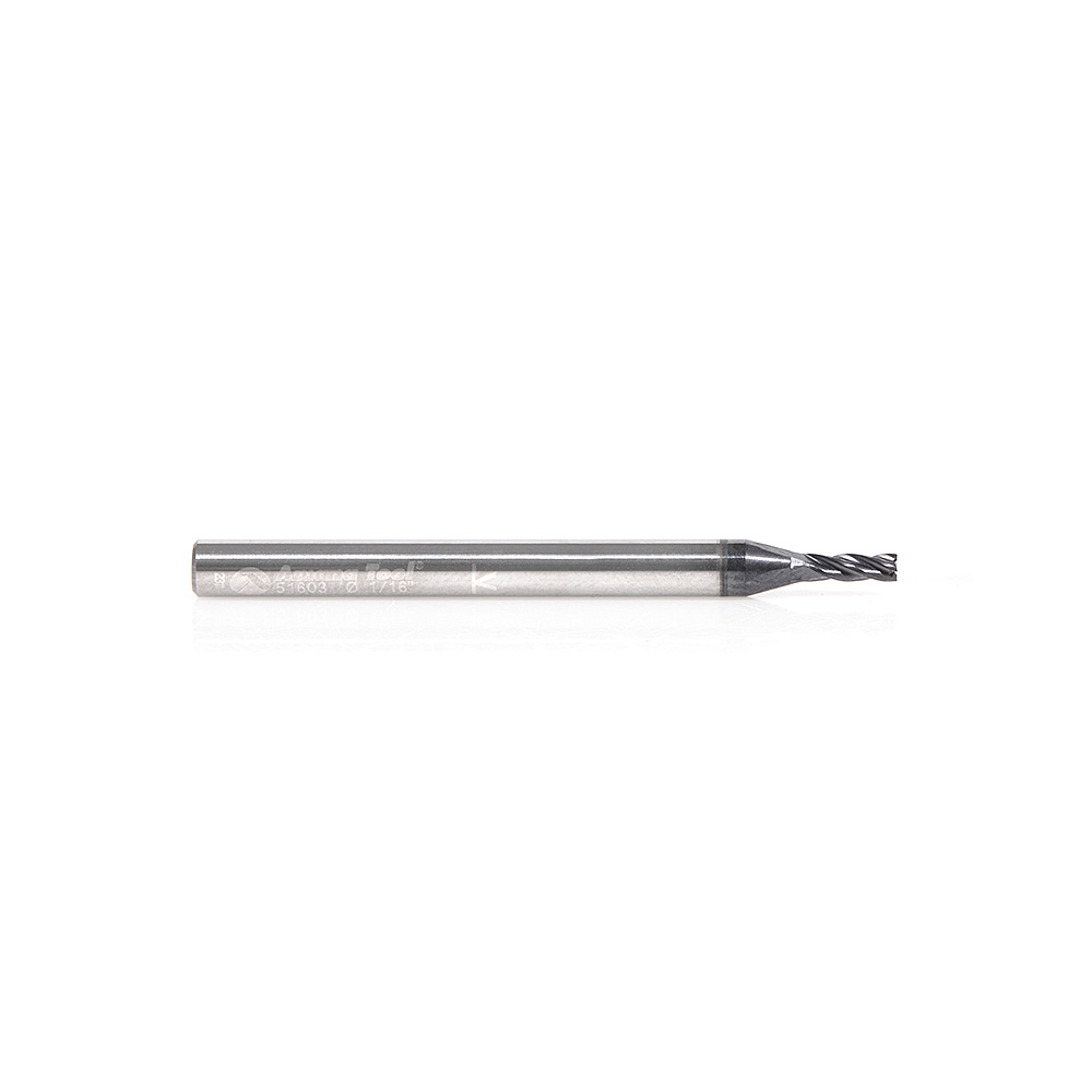 Amana 51603 CNC Solid Carbide Spiral for Steel & Stainless Steel with AlTiN Coating 4-Flute x 1/16 Dia x 3/16 x 1/8 Shank x 1-1/2 Inch Long Up-Cut Router Bit / 45º Corner Chamfer End Mill