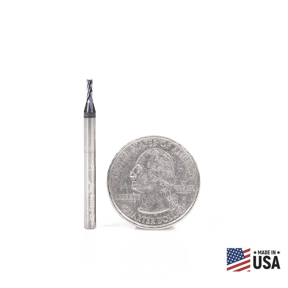 Amana 51603 CNC Solid Carbide Spiral for Steel & Stainless Steel with AlTiN Coating 4-Flute x 1/16 Dia x 3/16 x 1/8 Shank x 1-1/2 Inch Long Up-Cut Router Bit / 45º Corner Chamfer End Mill