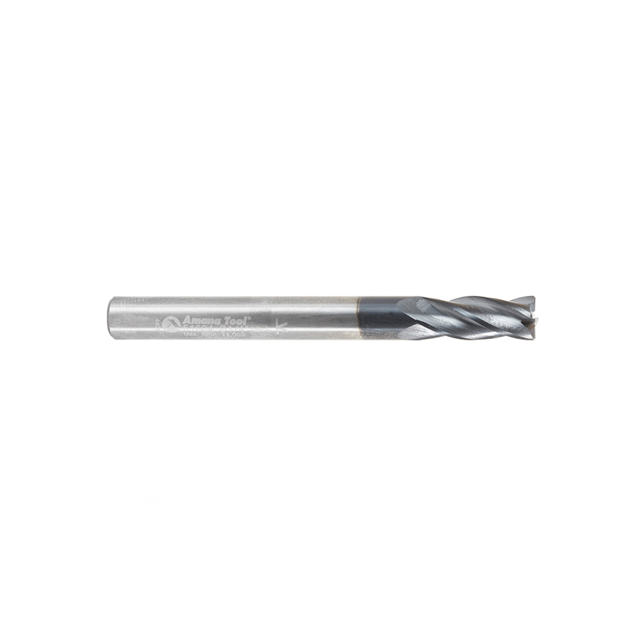 Amana 51604 CNC Solid Carbide Spiral for Steel & Stainless Steel with AlTiN Coating 4-Flute x 1/4 Dia x 5/8 x 1/4 Shank x 2-3/8 Inch Long Up-Cut Router Bit / 45º Corner Chamfer End Mill