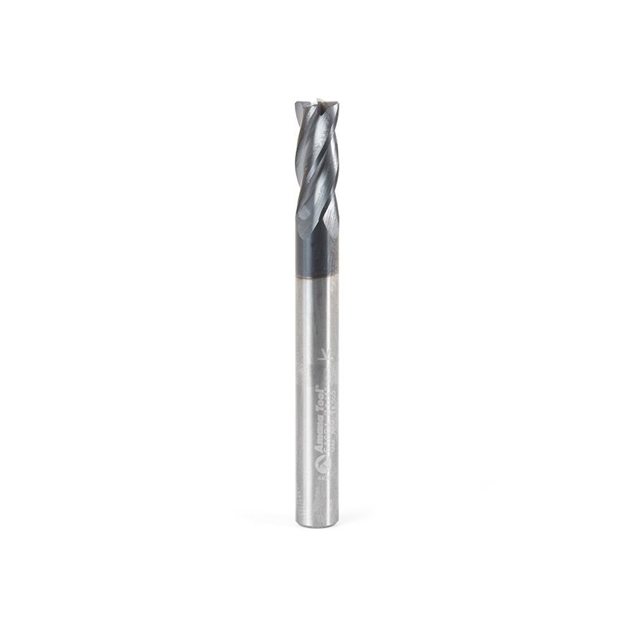 Amana 51604 CNC Solid Carbide Spiral for Steel & Stainless Steel with AlTiN Coating 4-Flute x 1/4 Dia x 5/8 x 1/4 Shank x 2-3/8 Inch Long Up-Cut Router Bit / 45º Corner Chamfer End Mill