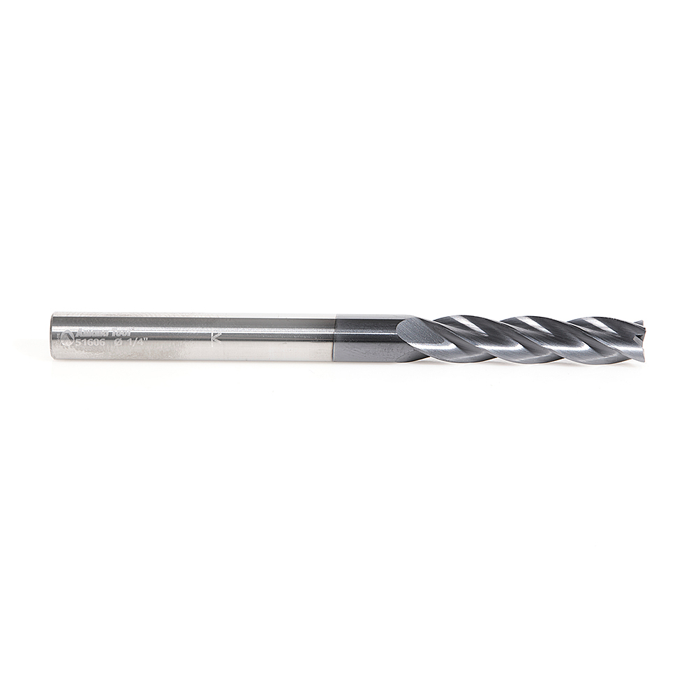 Amana 51606 CNC Solid Carbide Spiral for Steel & Stainless Steel with AlTiN Coating 4-Flute x 1/4 Dia x 1-1/8 x 1/4 Shank x 3 Inch Long Up-Cut Router Bit / 45º Corner Chamfer End Mill