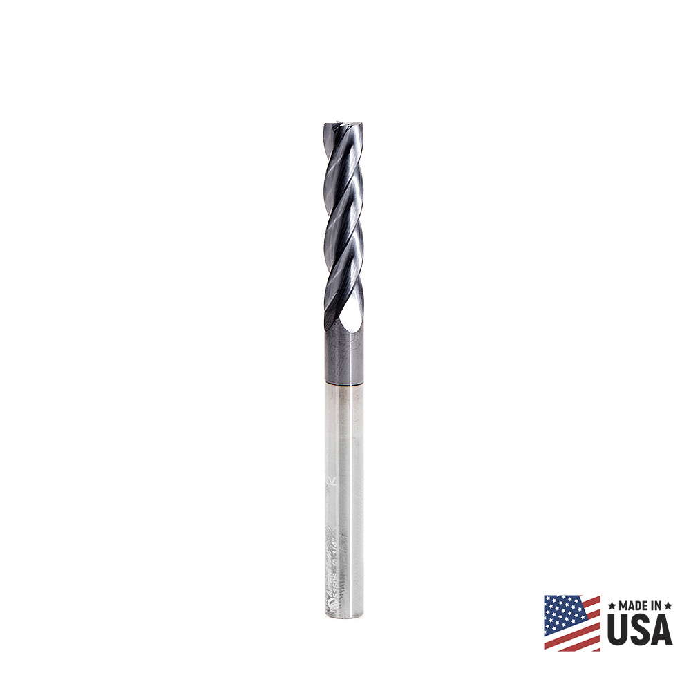 Amana 51606 CNC Solid Carbide Spiral for Steel & Stainless Steel with AlTiN Coating 4-Flute x 1/4 Dia x 1-1/8 x 1/4 Shank x 3 Inch Long Up-Cut Router Bit / 45º Corner Chamfer End Mill