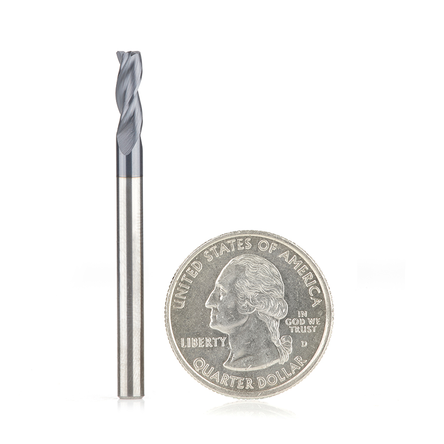 Amana 51612 CNC Metric Solid Carbide Spiral for Steel & Stainless Steel with AlTiN Coating 3-Flute x 4mm Dia x 10mm x 4mm Shank x 48mm Long Up-Cut Router Bit / 45º Corner Chamfer End Mill