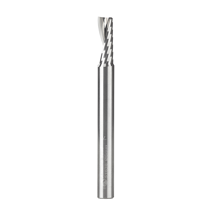Amana 51638 Metric Solid Carbide CNC Spiral 'O' Single Flute, Plastic Cutting 6mm Dia x 16mm x 6mm Shank x 63mm Long Up-Cut Router Bit