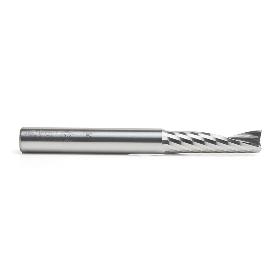 Amana 51643 Solid Carbide CNC Spiral 'O' Single Flute, Aluminum Cutting 3/8 Dia x 1-3/8 x 3/8 Shank x 3-1/2 Inch Long Up-Cut Router Bit