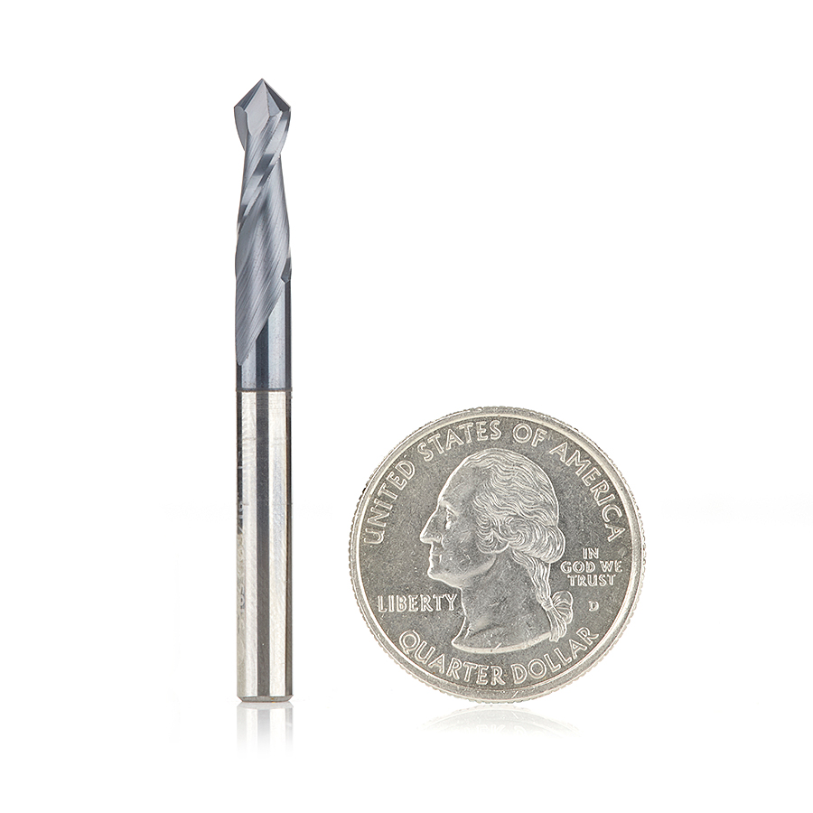Amana 51651 High Performance CNC Solid Carbide 90 Degree 'V' Spiral Drills with AlTiN Coating 2-Flute x 3/16 Dia x 3/32 x 3/16 Shank x 2 Inch Long Up-Cut Router Bit/End Mill