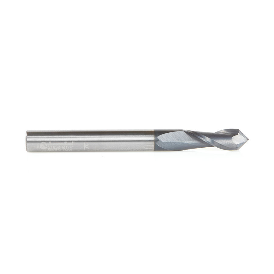 Amana 51652 High Performance CNC Solid Carbide 90 Degree 'V' Spiral Drills with AlTiN Coating 2-Flute x 1/4 Dia x 1/8 x 1/4 Shank x 2-1/2 Inch Long Up-Cut Router Bit/End Mill