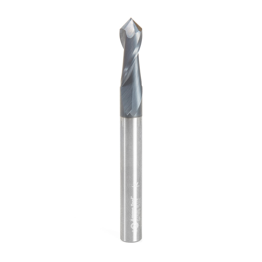 Amana 51652 High Performance CNC Solid Carbide 90 Degree 'V' Spiral Drills with AlTiN Coating 2-Flute x 1/4 Dia x 1/8 x 1/4 Shank x 2-1/2 Inch Long Up-Cut Router Bit/End Mill