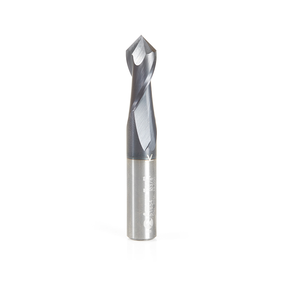 Amana 51654 High Performance CNC Solid Carbide 90 Degree 'V' Spiral Drills with AlTiN Coating 2-Flute x 3/8 Dia x 3/16 x 3/8 Shank x 2-1/2 Inch Long Up-Cut Router Bit/End Mill