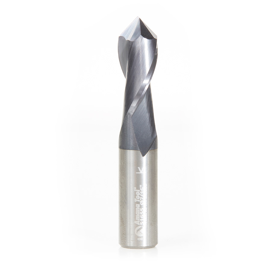Amana 51655 High Performance CNC Solid Carbide 90 Degree 'V' Spiral Drills with AlTiN Coating 2-Flute x 7/16 Dia x 7/32 x 7/16 Shank x 2-1/2 Inch Long Up-Cut Router Bit/End Mill