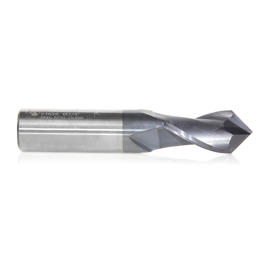 Amana 51658 High Performance CNC Solid Carbide 90 Degree 'V' Spiral Drills with AlTiN Coating 2-Flute x 3/4 Dia x 3/8 x 3/4 Shank x 4 Inch Long Up-Cut Router Bit/End Mill
