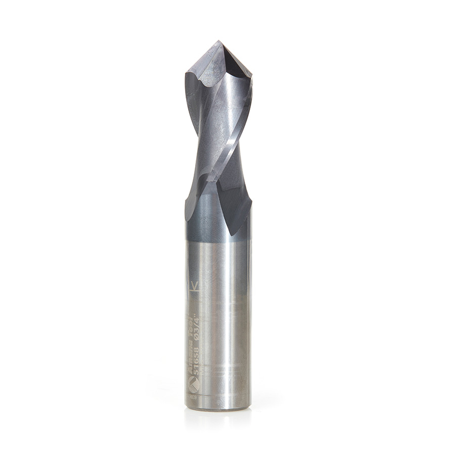 Amana 51658 High Performance CNC Solid Carbide 90 Degree 'V' Spiral Drills with AlTiN Coating 2-Flute x 3/4 Dia x 3/8 x 3/4 Shank x 4 Inch Long Up-Cut Router Bit/End Mill