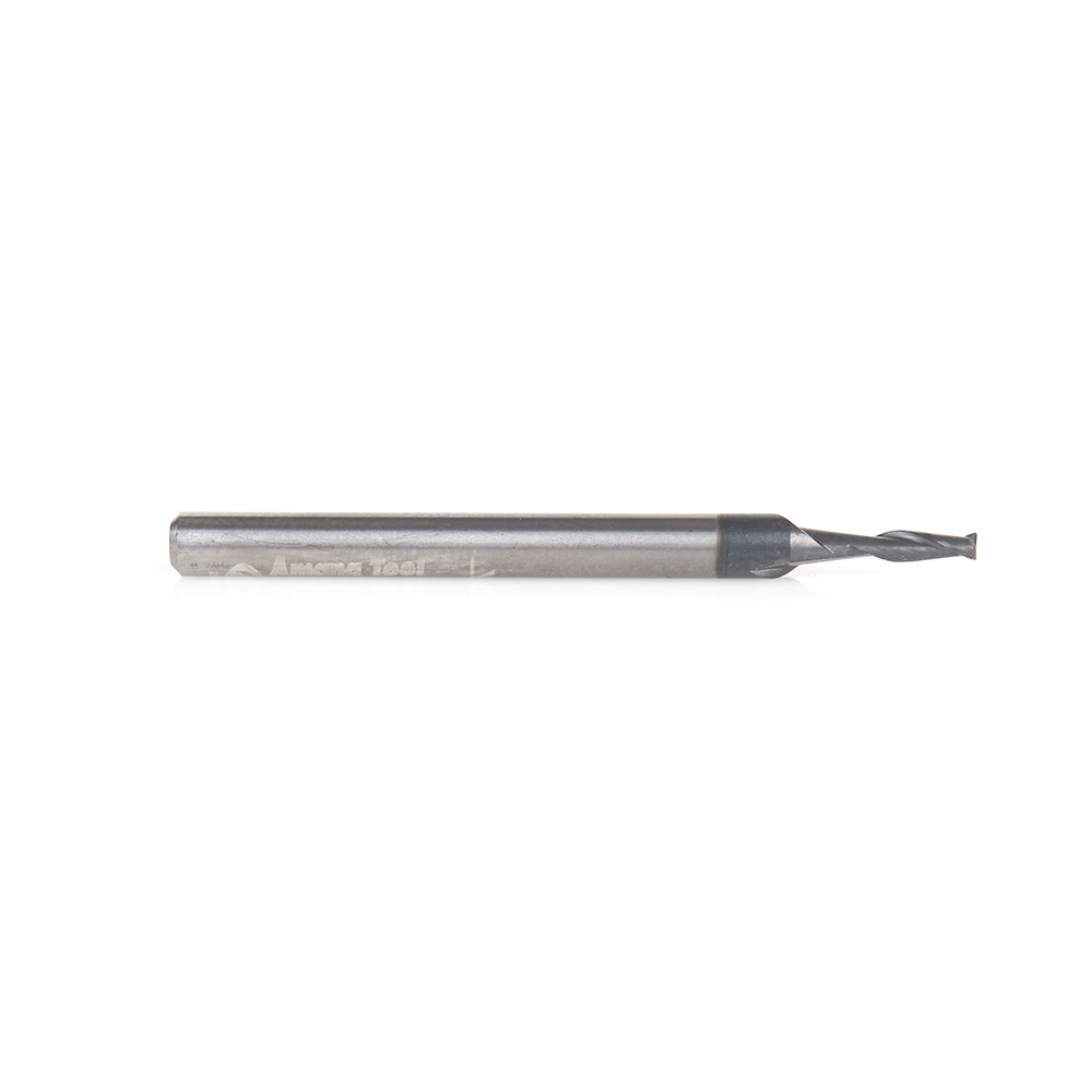 Amana 51673 CNC Solid Carbide Spiral for Steel & Stainless Steel with AlTiN Coating 2-Flute x 1/16 Dia x 3/16 x 1/8 Shank x 1-1/2 Inch Long Up-Cut Router Bit / 45º Corner Chamfer End Mill