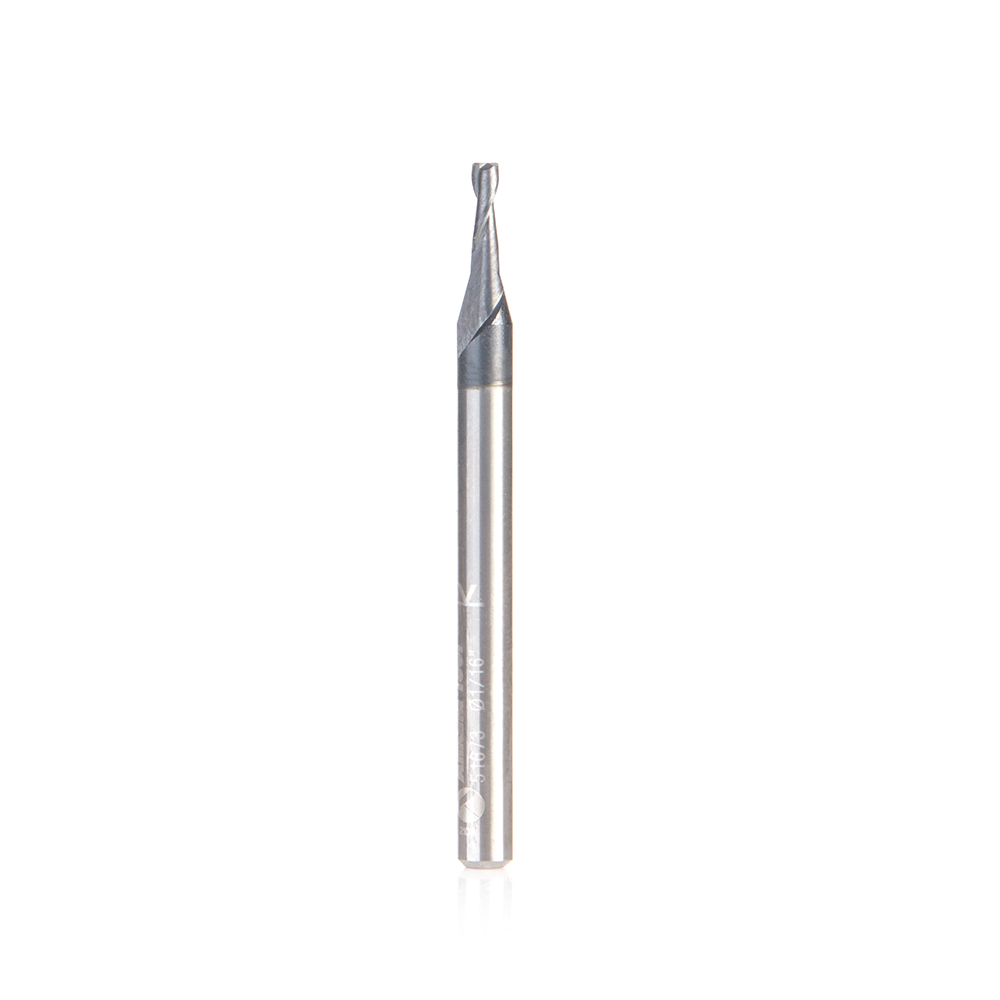 Amana 51673 CNC Solid Carbide Spiral for Steel & Stainless Steel with AlTiN Coating 2-Flute x 1/16 Dia x 3/16 x 1/8 Shank x 1-1/2 Inch Long Up-Cut Router Bit / 45º Corner Chamfer End Mill