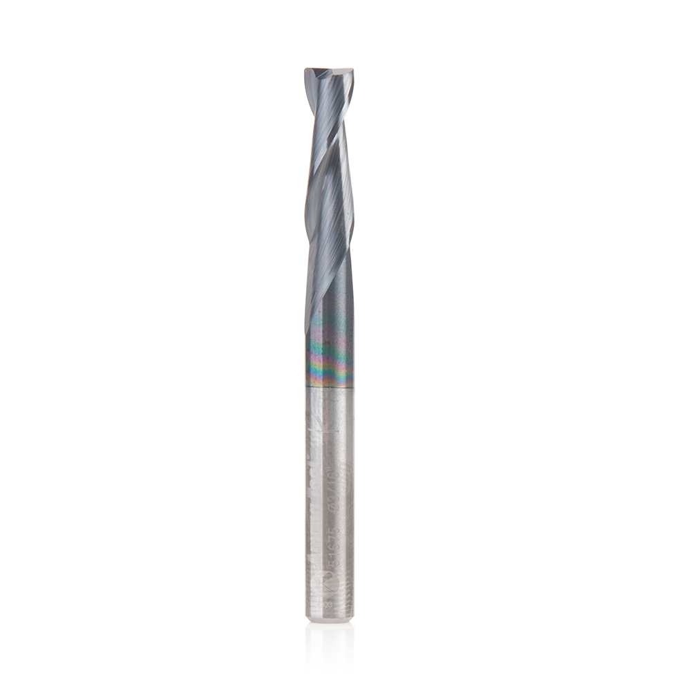 Amana 51675 CNC Solid Carbide Spiral for Steel & Stainless Steel with AlTiN Coating 2-Flute x 3/16 Dia x 5/8 x 3/16 Shank x 2 Inch Long Up-Cut Router Bit / 45º Corner Chamfer End Mill
