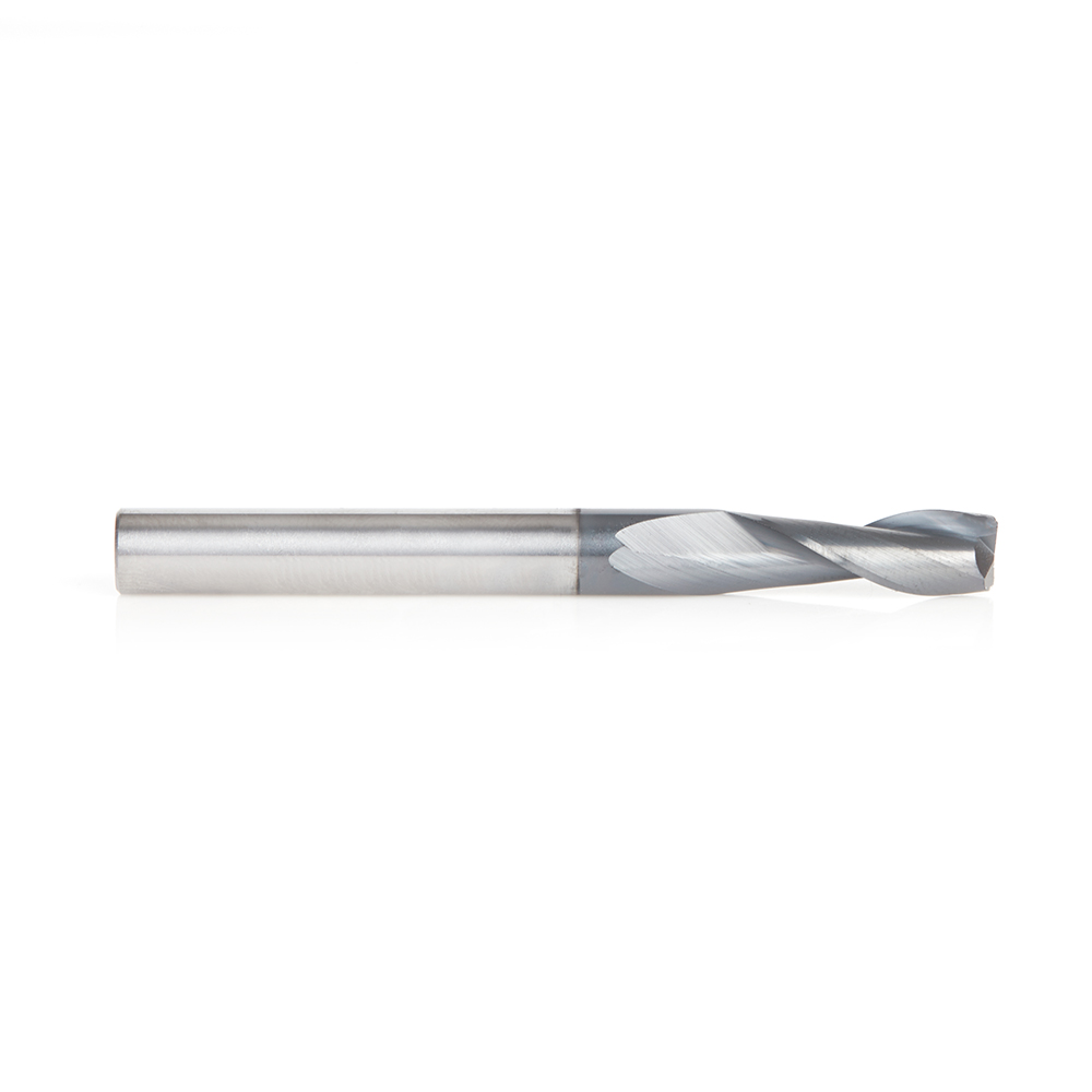 Amana 51676 CNC Solid Carbide Spiral for Steel & Stainless Steel with AlTiN Coating 2-Flute x 1/4 Dia x 3/4 x 1/4 Shank x 2-1/2 Inch Long Up-Cut Router Bit / 45º Corner Chamfer End Mill