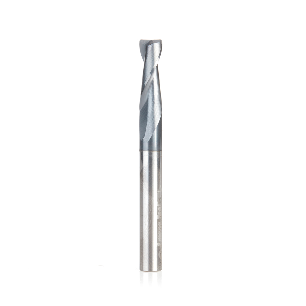 Amana 51676 CNC Solid Carbide Spiral for Steel & Stainless Steel with AlTiN Coating 2-Flute x 1/4 Dia x 3/4 x 1/4 Shank x 2-1/2 Inch Long Up-Cut Router Bit / 45º Corner Chamfer End Mill