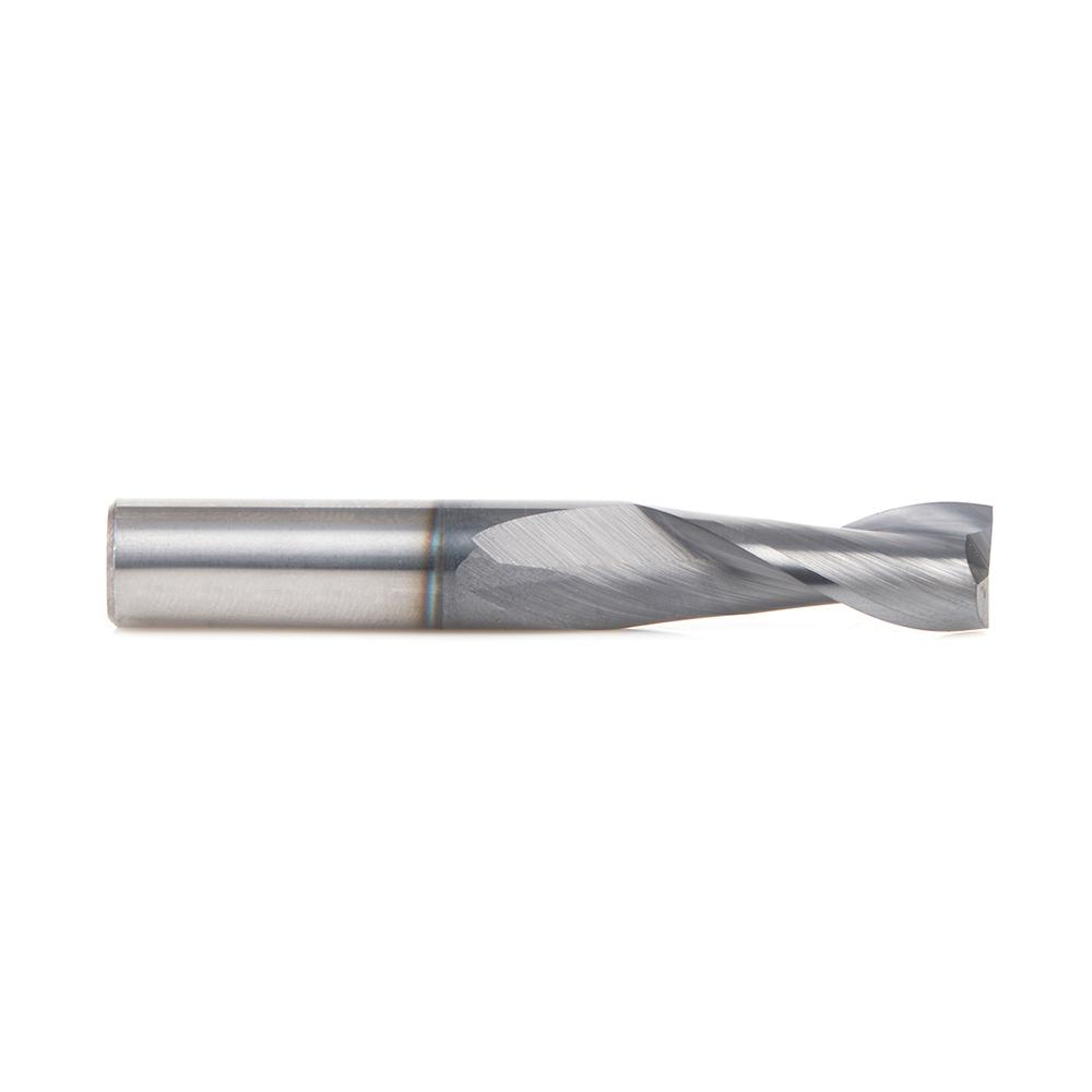 Amana 51677 CNC Solid Carbide Spiral for Steel & Stainless Steel with AlTiN Coating 2-Flute x 3/8 Dia x 1 x 3/8 Shank x 2-1/2 Inch Long Up-Cut Router Bit / 45º Corner Chamfer End Mill