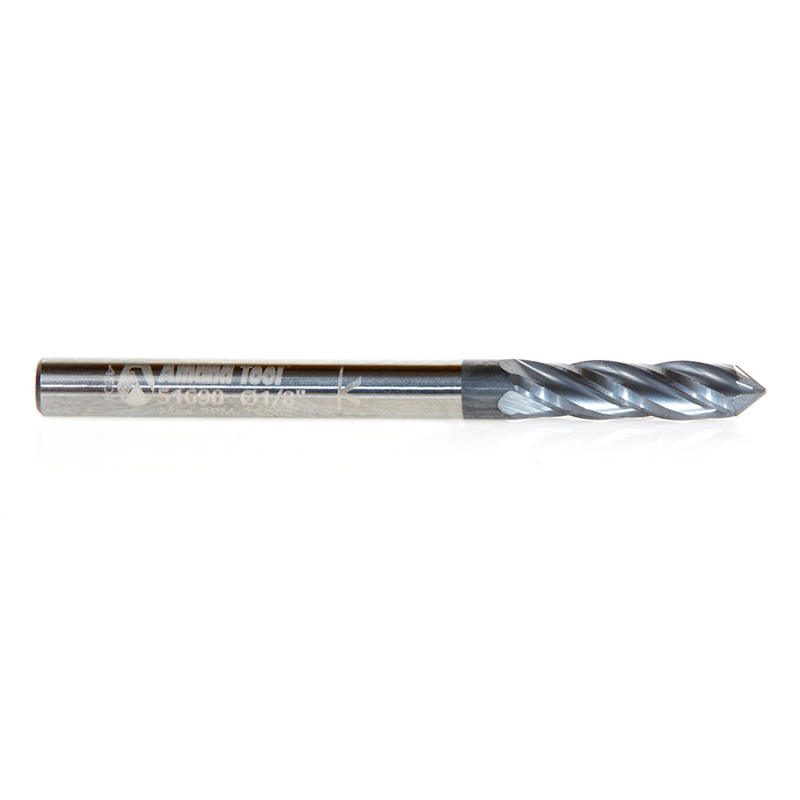 Amana 51690 High Performance CNC Solid Carbide 90 Degree 'V' Spiral Drills with AlTiN Coating 4-Flute x 1/8 Dia x 1/16 x 1/8 Shank x 1-1/2 Inch Long Up-Cut Router Bit/End Mill