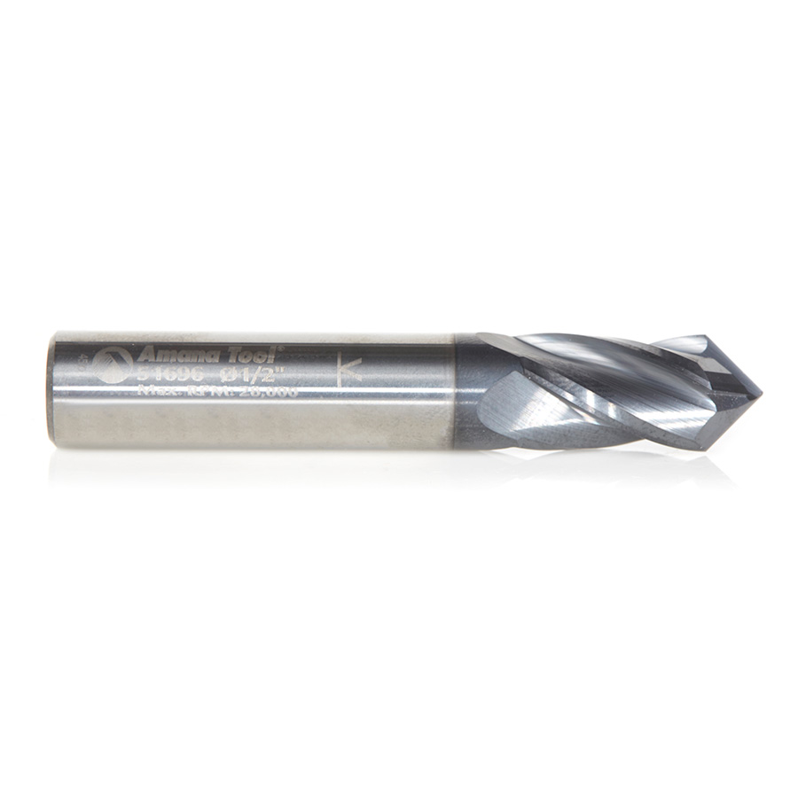 Amana 51696 High Performance CNC Solid Carbide 90 Degree 'V' Spiral Drills with AlTiN Coating 4-Flute x 1/2 Dia x 1/4 x 1/2 Shank x 3 Inch Long Up-Cut Router Bit/End Mill