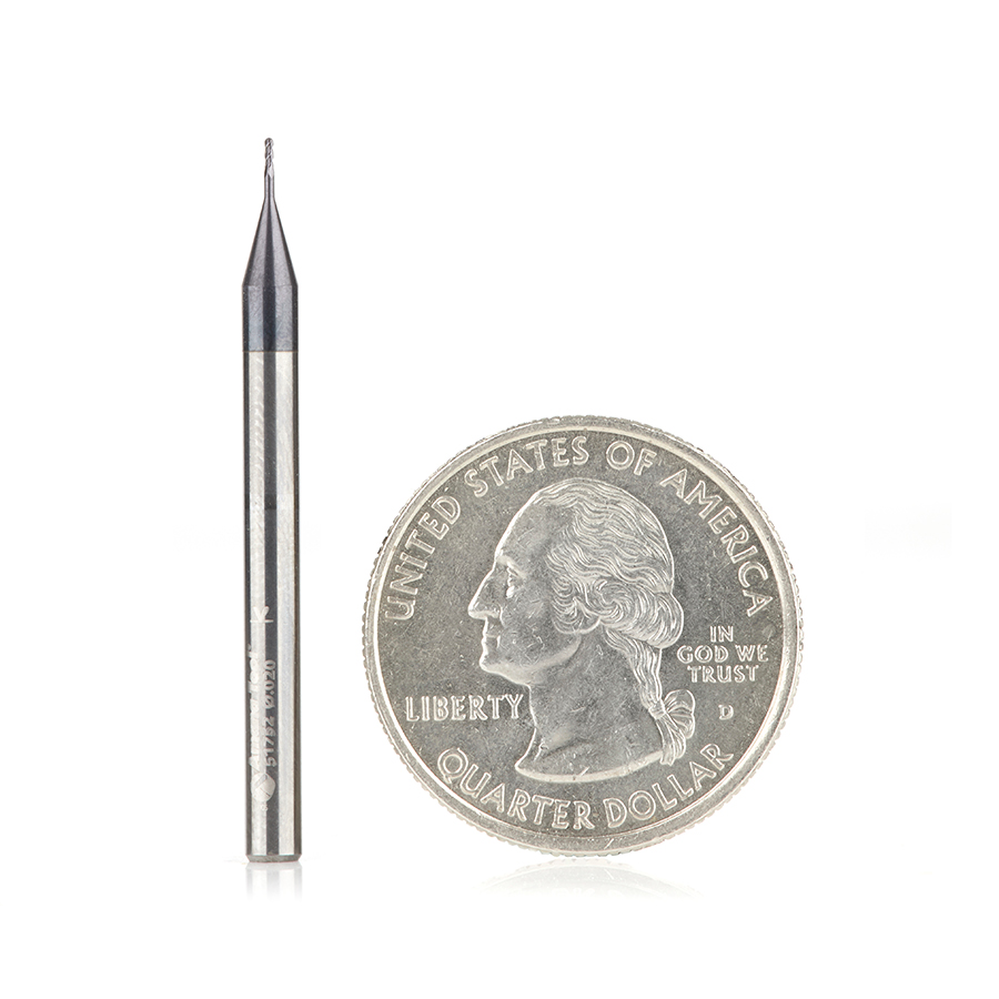 Amana 51752 AlTiN Coated CNC Steel, Stainless Steel & Composite Ball End Mini Mill 0.020 Dia x 0.060 x 1/8 Shank