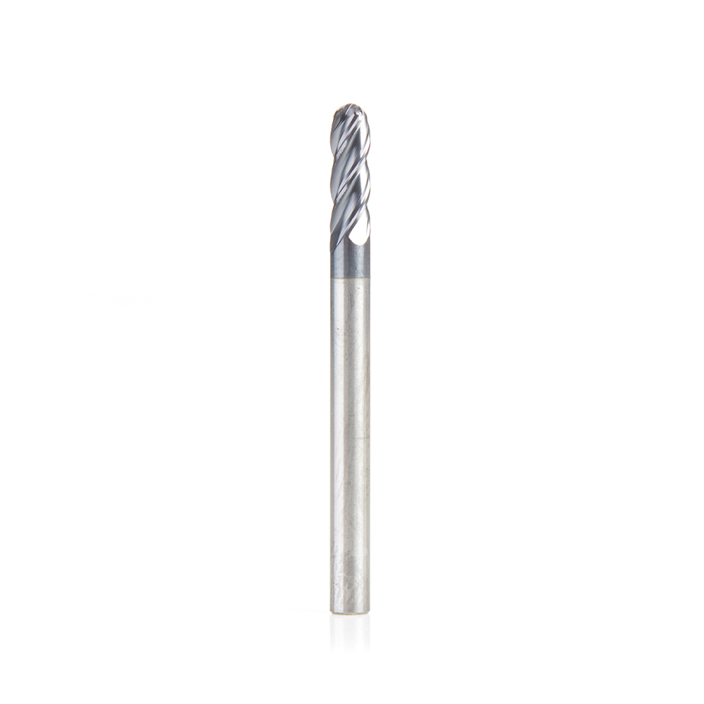 Amana 51792 High Performance Solid Carbide CNC Steel, Stainless Steel & Composite Cutting Variable Helix Spiral Ball Nose with AlTiN Coating 4-Flute x 1/8 Dia x 3/8 x 1/8 Shank x 1-1/2 Inch Long Up-Cut Router Bit/End Mill