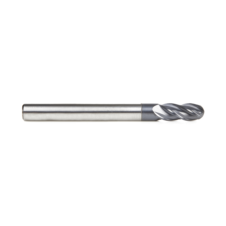 Amana 51798 High Performance Solid Carbide CNC Steel, Stainless Steel & Composite Cutting Variable Helix Spiral Ball Nose with AlTiN Coating 4-Flute x 1/4 Dia x 5/8 x 1/4 Shank x 2-1/2 Inch Long Up-Cut Router Bit/End Mill