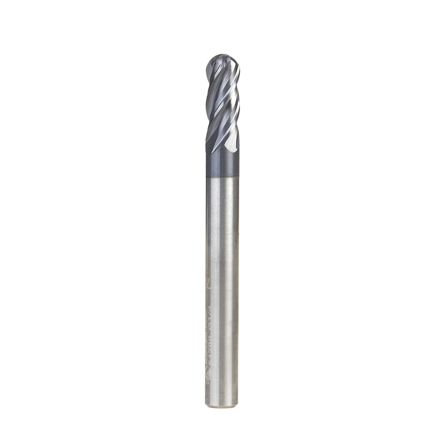 Amana 51798 High Performance Solid Carbide CNC Steel, Stainless Steel & Composite Cutting Variable Helix Spiral Ball Nose with AlTiN Coating 4-Flute x 1/4 Dia x 5/8 x 1/4 Shank x 2-1/2 Inch Long Up-Cut Router Bit/End Mill