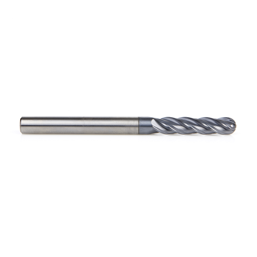 Amana 51800 High Performance Solid Carbide CNC Steel, Stainless Steel & Composite Cutting Variable Helix Spiral Ball Nose with AlTiN Coating 4-Flute x 1/4 Dia x 1-1/8 x 1/4 Shank x 3 Inch Long Up-Cut Router Bit/End Mill