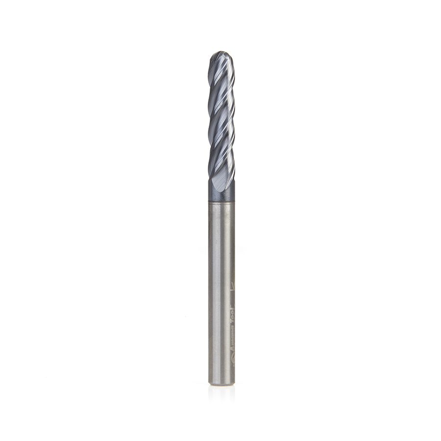 Amana 51800 High Performance Solid Carbide CNC Steel, Stainless Steel & Composite Cutting Variable Helix Spiral Ball Nose with AlTiN Coating 4-Flute x 1/4 Dia x 1-1/8 x 1/4 Shank x 3 Inch Long Up-Cut Router Bit/End Mill