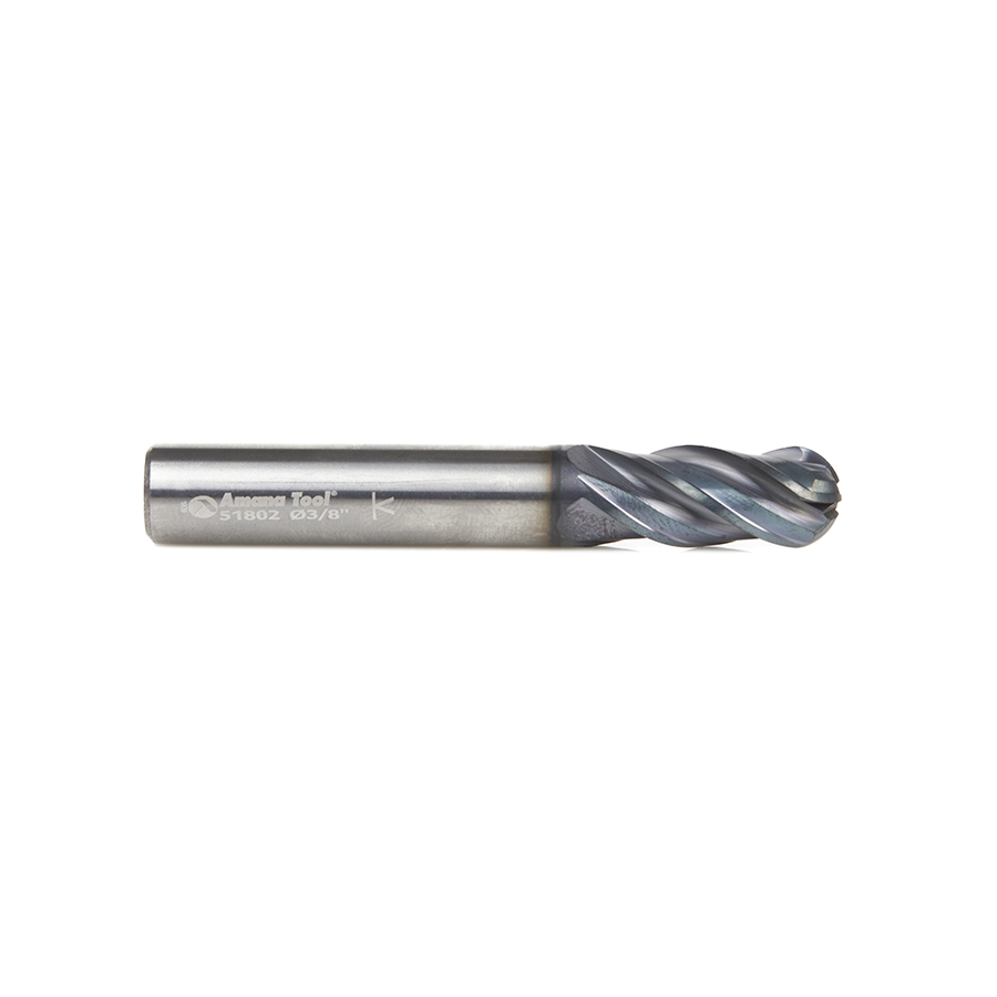 Amana 51802 High Performance Solid Carbide CNC Steel, Stainless Steel & Composite Cutting Variable Helix Spiral Ball Nose with AlTiN Coating 4-Flute x 3/8 Dia x 7/8 x 3/8 Shank x 2-1/2 Inch Long Up-Cut Router Bit/End Mill