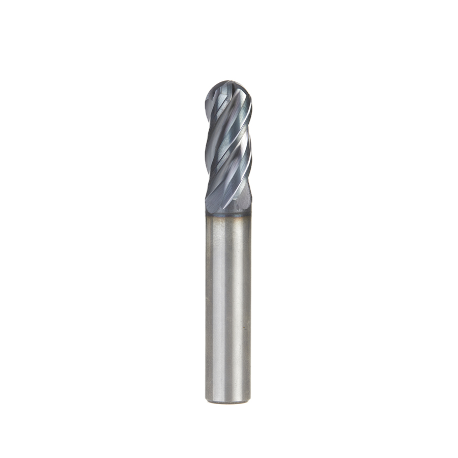 Amana 51802 High Performance Solid Carbide CNC Steel, Stainless Steel & Composite Cutting Variable Helix Spiral Ball Nose with AlTiN Coating 4-Flute x 3/8 Dia x 7/8 x 3/8 Shank x 2-1/2 Inch Long Up-Cut Router Bit/End Mill