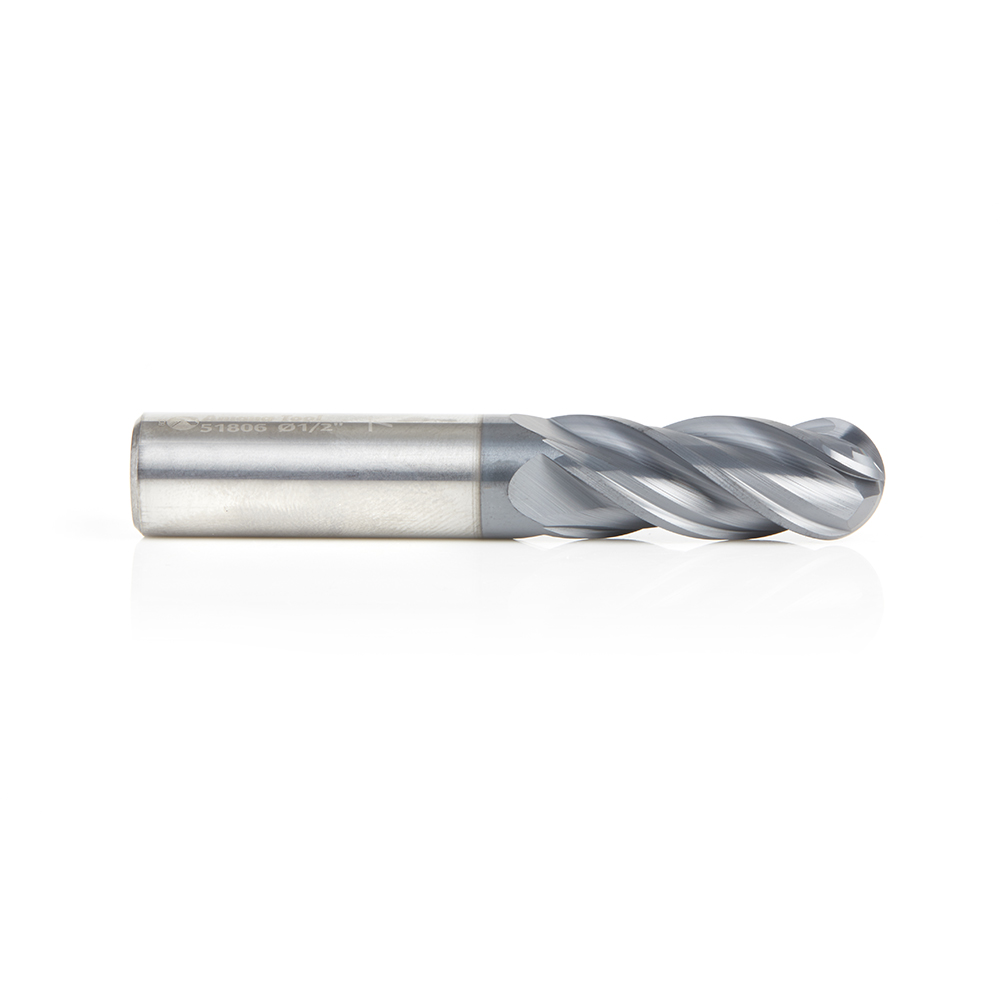 Amana 51806 High Performance Solid Carbide CNC Steel, Stainless Steel & Composite Cutting Variable Helix Spiral Ball Nose with AlTiN Coating 4-Flute x 1/2 Dia x 1-1/4 x 1/2 Shank x 3 Inch Long Up-Cut Router Bit/End Mill