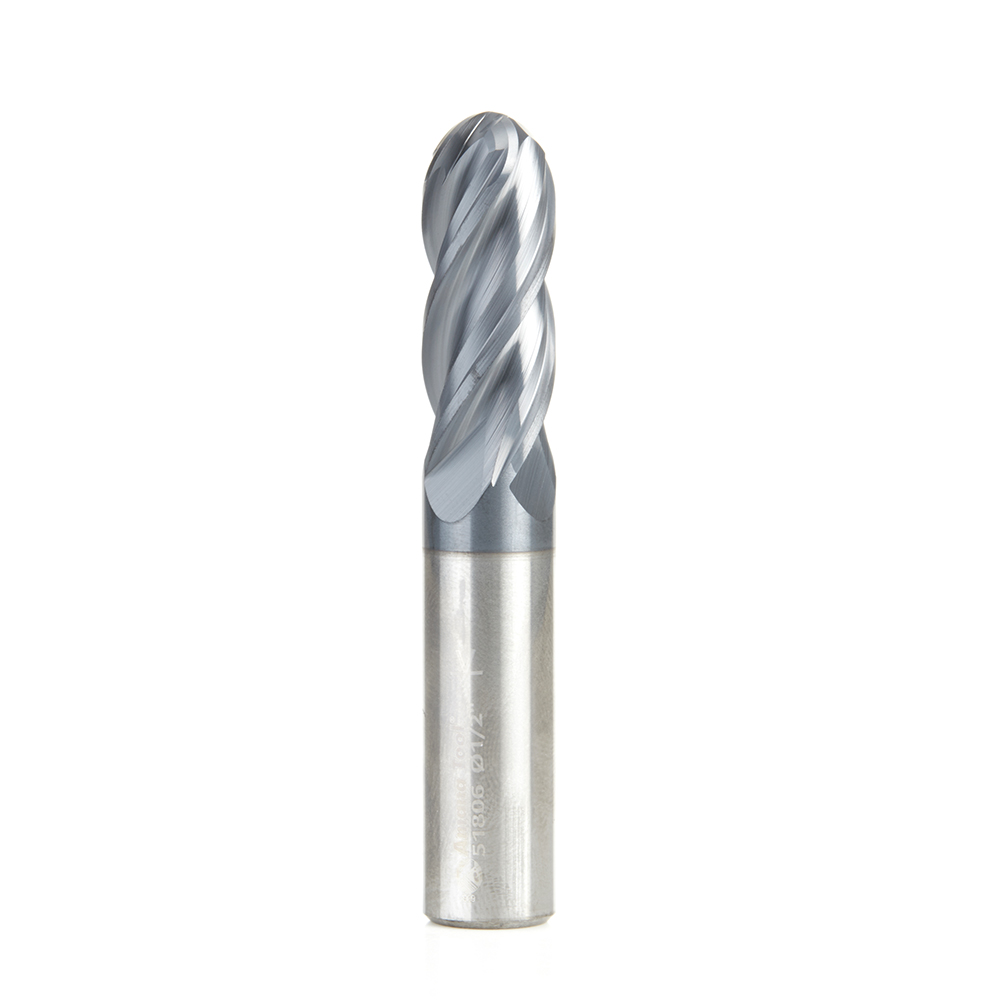 Amana 51806 High Performance Solid Carbide CNC Steel, Stainless Steel & Composite Cutting Variable Helix Spiral Ball Nose with AlTiN Coating 4-Flute x 1/2 Dia x 1-1/4 x 1/2 Shank x 3 Inch Long Up-Cut Router Bit/End Mill