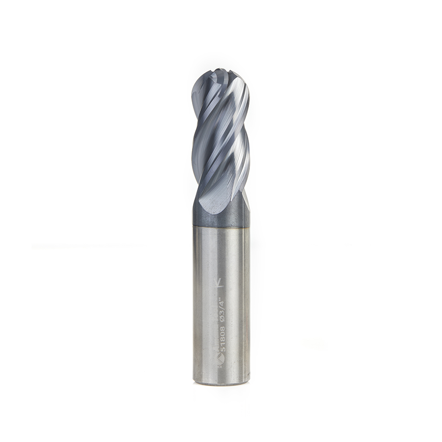Amana 51808 High Performance Solid Carbide CNC Steel, Stainless Steel & Composite Cutting Variable Helix Spiral Ball Nose with AlTiN Coating 4-Flute x 3/4 Dia x 1-1/2 x 3/4 Shank x 4 Inch Long Up-Cut Router Bit/End Mill