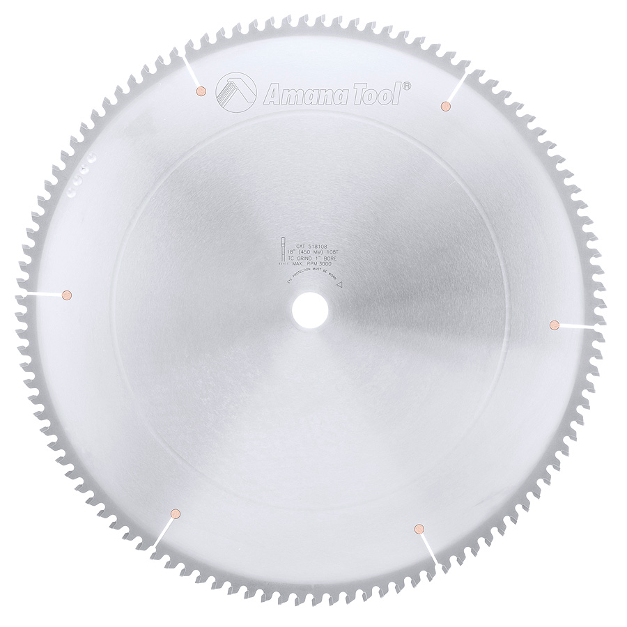 Amana 518108 Carbide Tipped Aluminum and Non-Ferrous Metals 18 Inch Dia x 108T TCG, -6 Deg, 1 Inch Bore