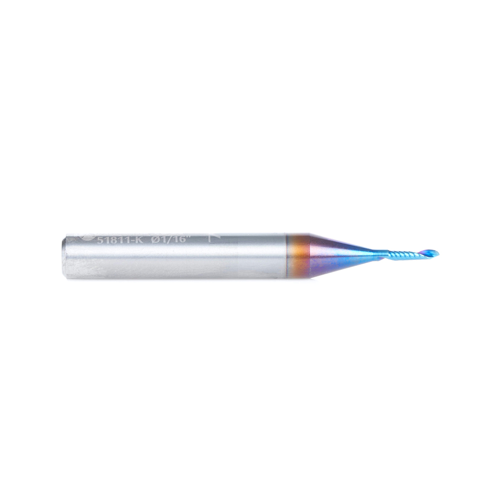 Amana 51811-K Solid Carbide CNC Spektra, Extreme Tool Life Coated Spiral €˜O€™ Flute Ball Nose, Plastic Cutting 1/32 Radius x 1/16 Dia x 1/4 x 1/4 Shank x 2 Inch Long Up-Cut Router Bit